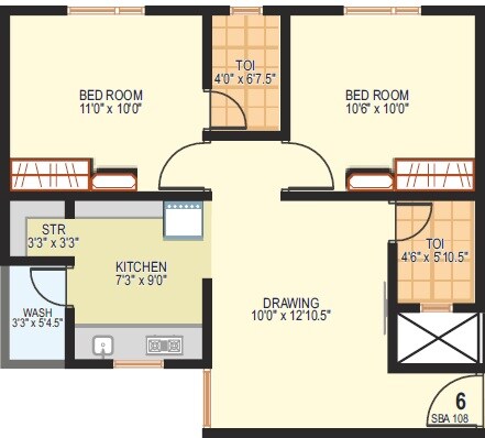 Floor plan of 2 BHK 964 Sq. Ft. Apartment in Art Nirman Shree Vishnudhara Homes, Ahmedabad