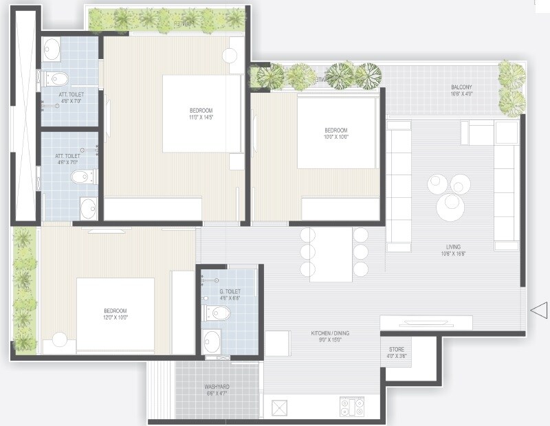 Floor plan of 3 BHK 1710 Sq. Ft. Apartment in Artham 41, Ahmedabad