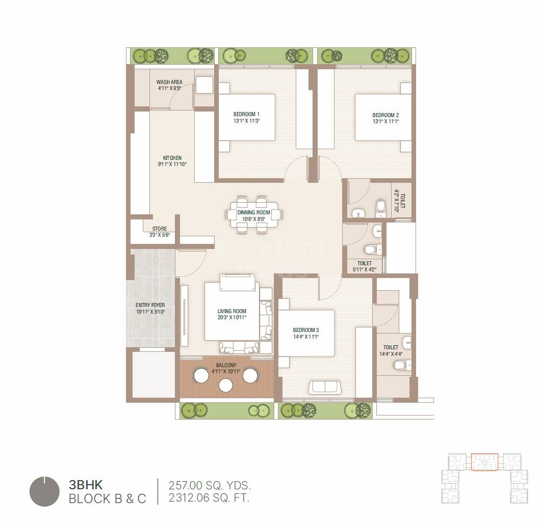Floor plan of 3 BHK 2312 Sq. Ft. Apartment in Artham Prism, Ahmedabad