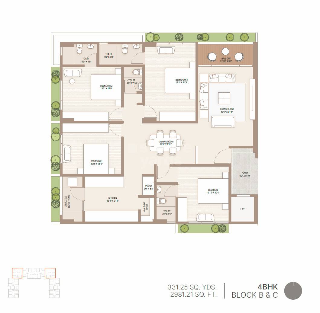 Floor plan of 4 BHK 2981 Sq. Ft. Apartment in Artham Prism, Ahmedabad