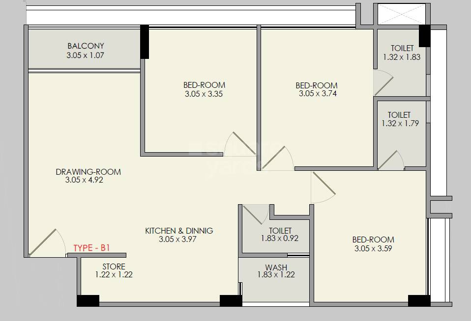 Floor plan of 3 BHK 793 Sq. Ft. Apartment in Aryavrat Serenity, Ahmedabad