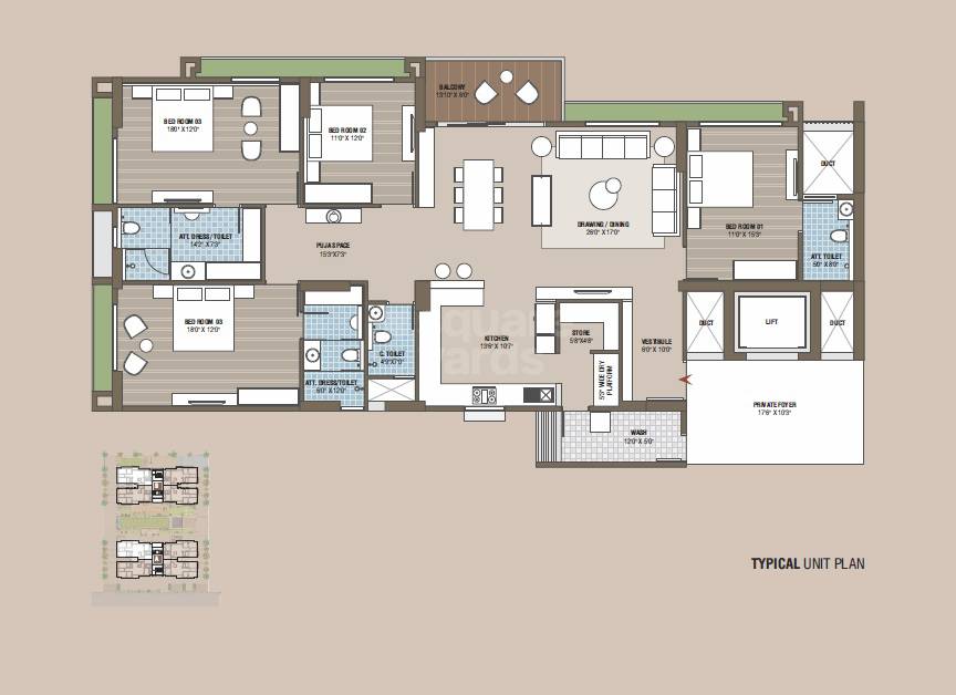 Floor plan of 4 BHK 1871 Sq. Ft. Apartment in Ascent The Empiirean, Ahmedabad