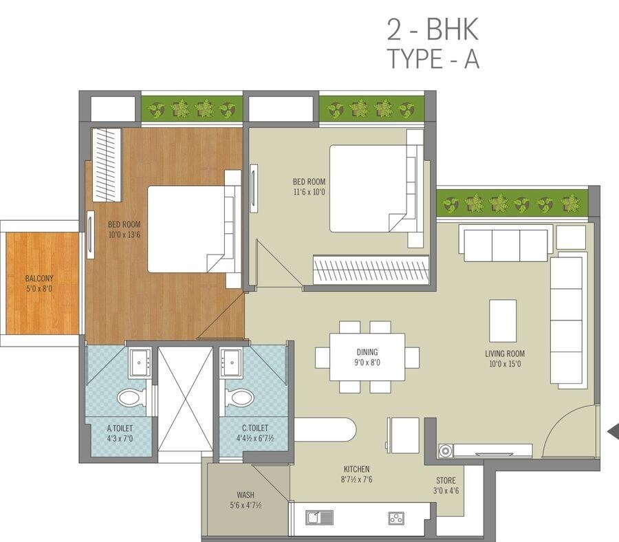 Floor plan of 2 BHK 1125 Sq. Ft. Apartment in Avirat Silver Brook, Ahmedabad