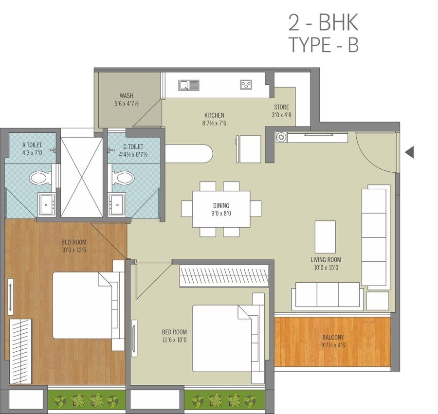Floor plan of 2 BHK 1215 Sq. Ft. Apartment in Avirat Silver Brook, Ahmedabad