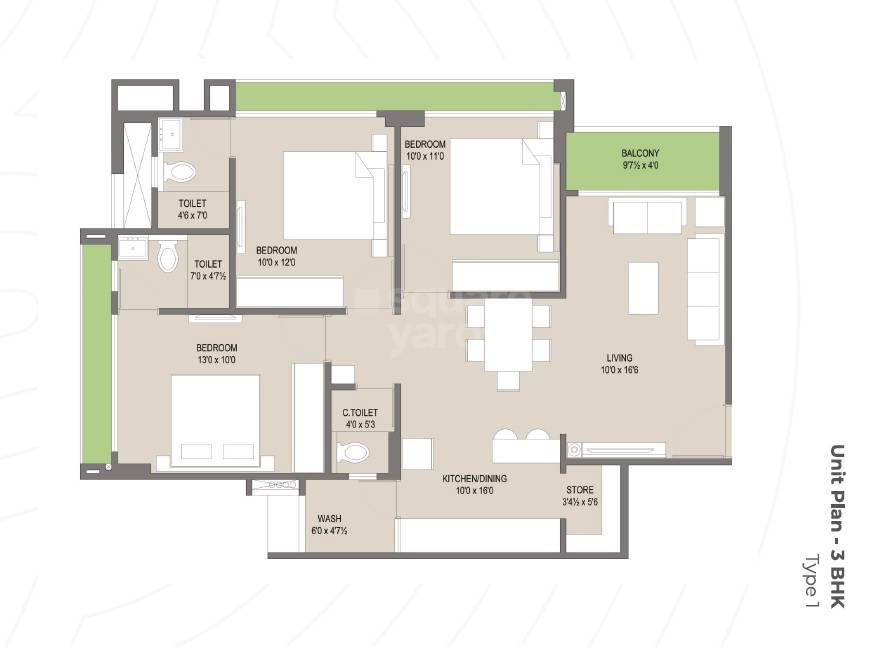 Floor plan of 3 BHK 1476 Sq. Ft. Apartment in Avirat Silver Brook, Ahmedabad