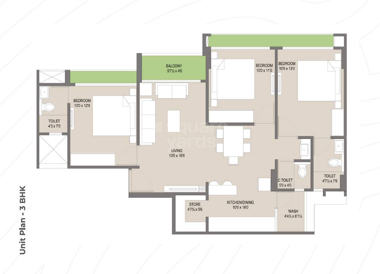 Floor plan of 3 BHK 1760 Sq. Ft. Apartment in Avirat Silver Brook, Ahmedabad