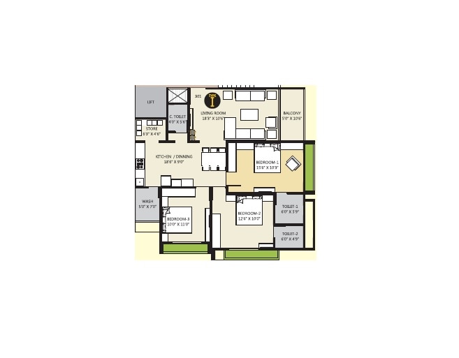 Floor plan of 3 BHK 1782 Sq. Ft. Apartment in Avis Aleeza Park, Ahmedabad