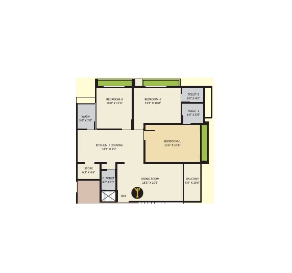 Floor plan of 3 BHK 1800 Sq. Ft. Apartment in Avis Aleeza Park, Ahmedabad