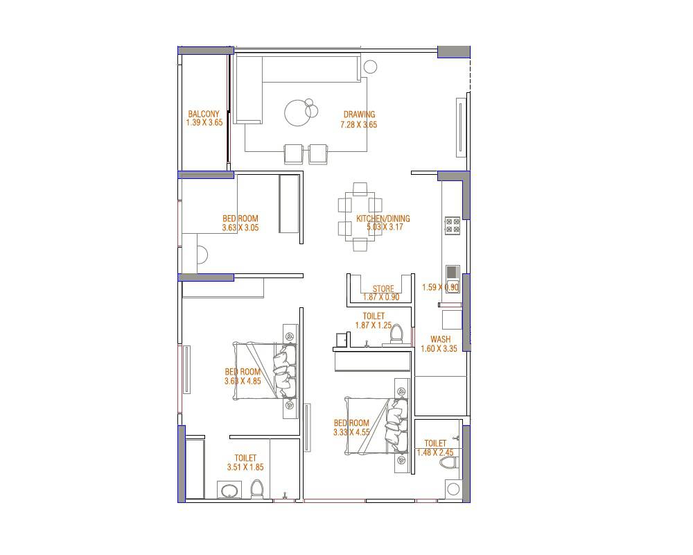 Floor plan of 3 BHK 1181 Sq. Ft. Apartment in Avis Dev Aamrakunj Platinum, Ahmedabad