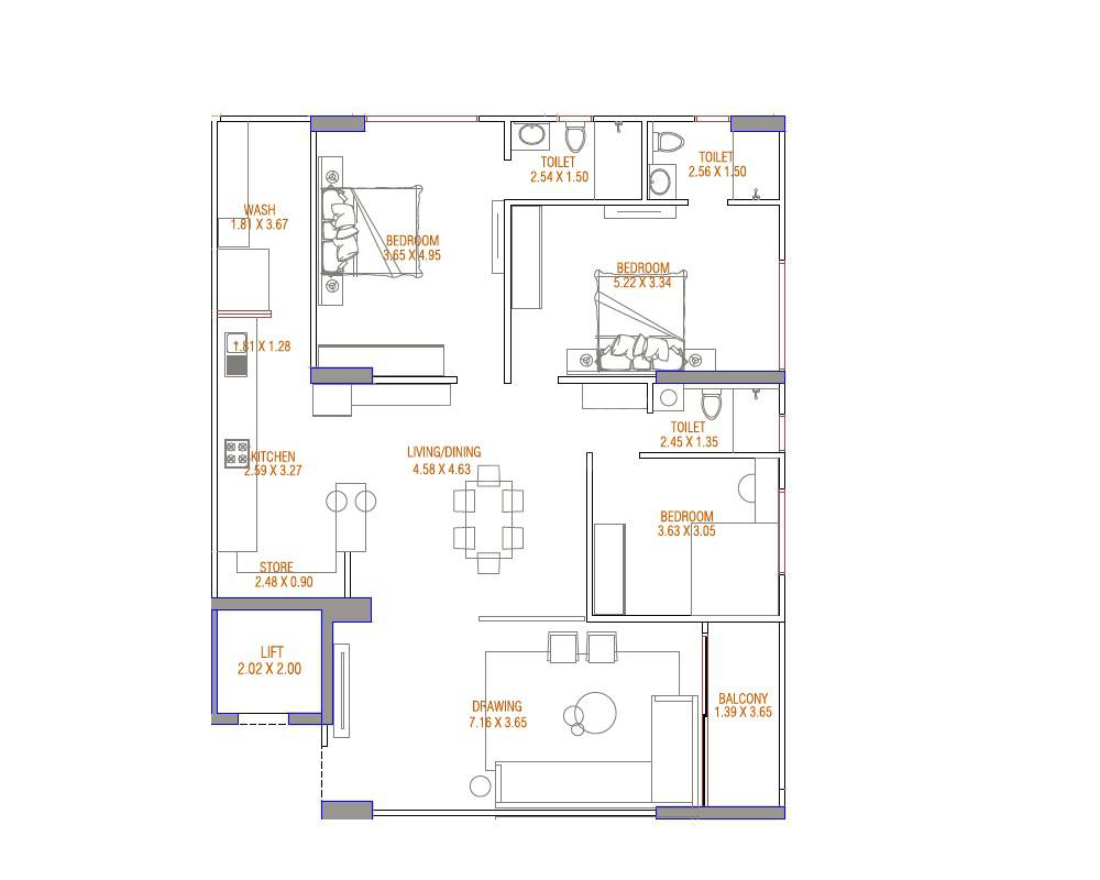 Floor plan of 3 BHK 1344 Sq. Ft. Apartment in Avis Dev Aamrakunj Platinum, Ahmedabad