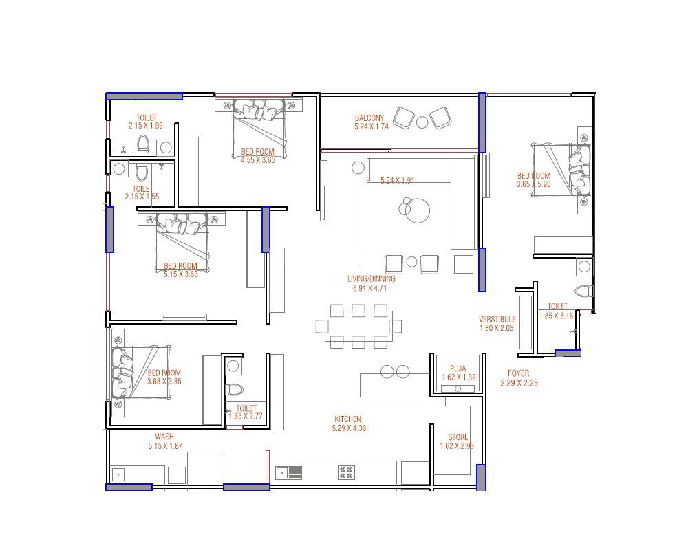 Floor plan of 4 BHK 1592 Sq. Ft. Apartment in Avis Dev Aamrakunj Platinum, Ahmedabad