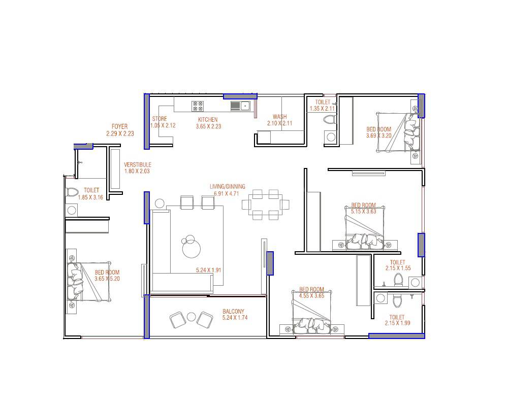 Floor plan of 4 BHK 1821 Sq. Ft. Apartment in Avis Dev Aamrakunj Platinum, Ahmedabad