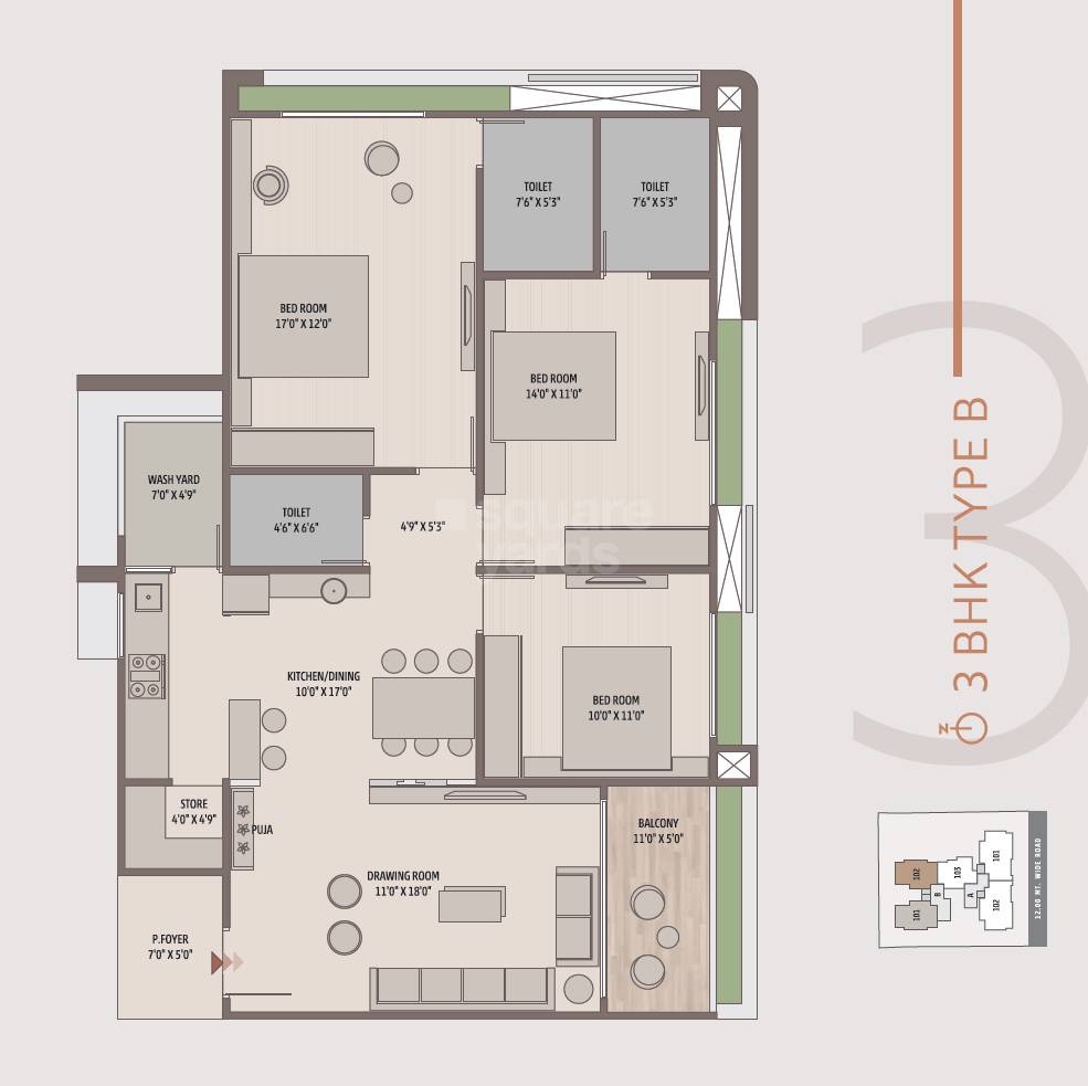 Floor plan of 3 BHK 2375 Sq. Ft. Apartment in Ayaan Essence 171, Ahmedabad