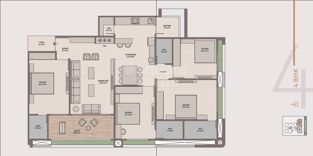 Floor plan of 4 BHK 3175 Sq. Ft. Apartment in Ayaan Essence 171, Ahmedabad