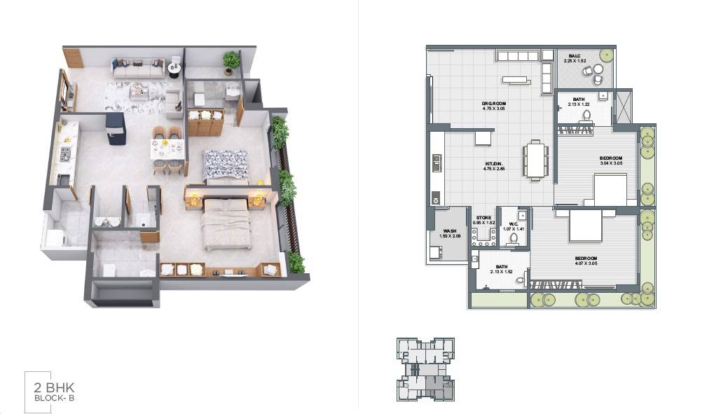 Floor plan of 2 BHK 668 Sq. Ft. Apartment in Ayman Heights, Ahmedabad