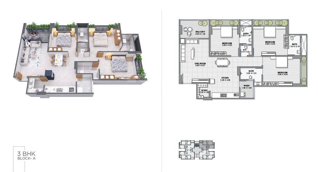 Floor plan of 3 BHK 841 Sq. Ft. Apartment in Ayman Heights, Ahmedabad