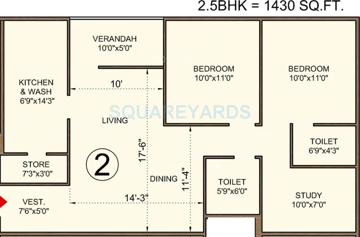 Floor plan of 2 BHK 1430 Sq. Ft. Apartment in Bakeri Sivanta, Ahmedabad