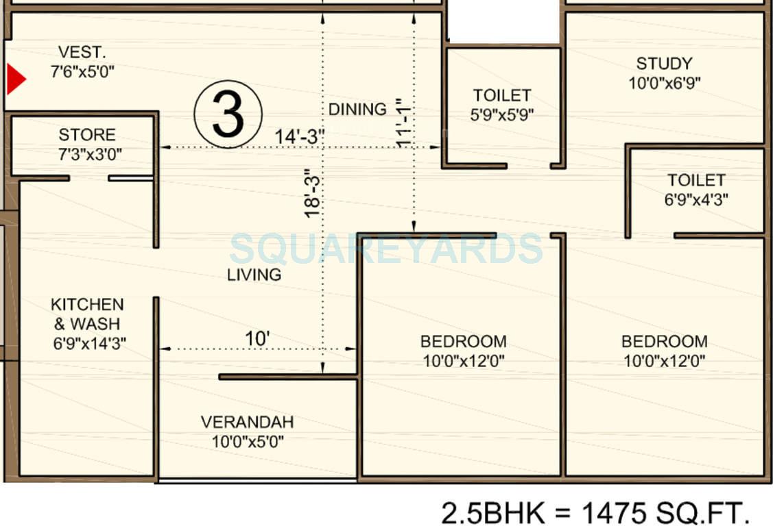 Floor plan of 2 BHK 1475 Sq. Ft. Apartment in Bakeri Sivanta, Ahmedabad