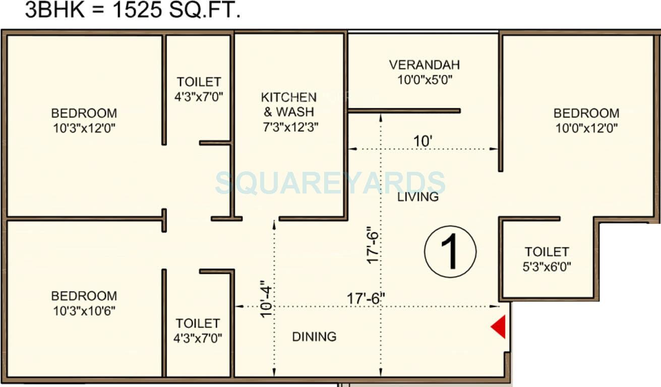 Floor plan of 3 BHK 1525 Sq. Ft. Apartment in Bakeri Sivanta, Ahmedabad