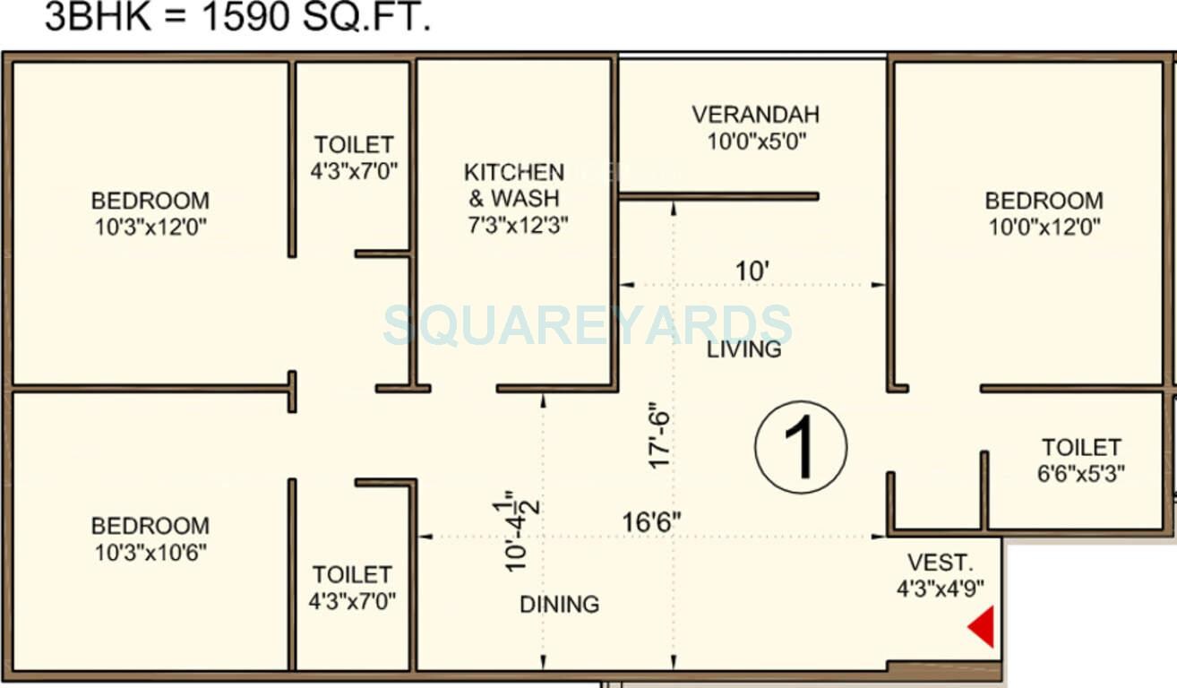 Floor plan of 3 BHK 1590 Sq. Ft. Apartment in Bakeri Sivanta, Ahmedabad