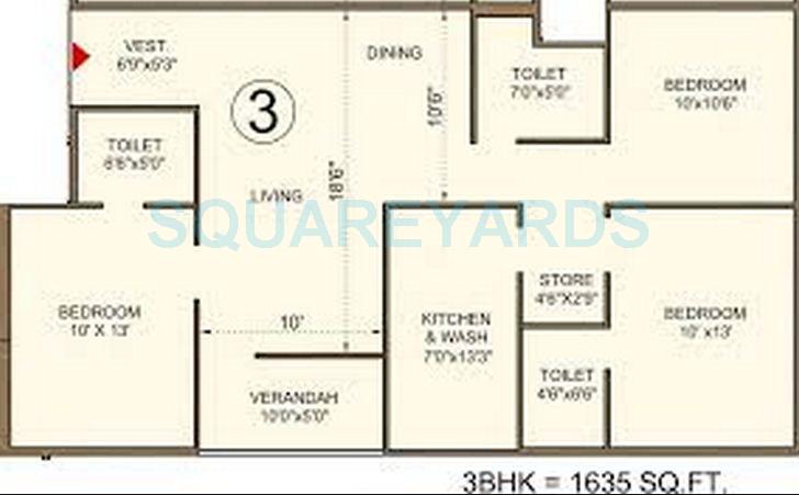 Floor plan of 3 BHK 1635 Sq. Ft. Apartment in Bakeri Sivanta, Ahmedabad