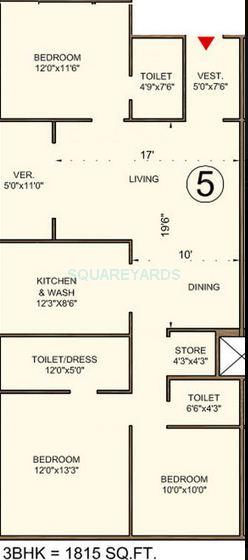 Floor plan of 3 BHK 1815 Sq. Ft. Apartment in Bakeri Sivanta, Ahmedabad