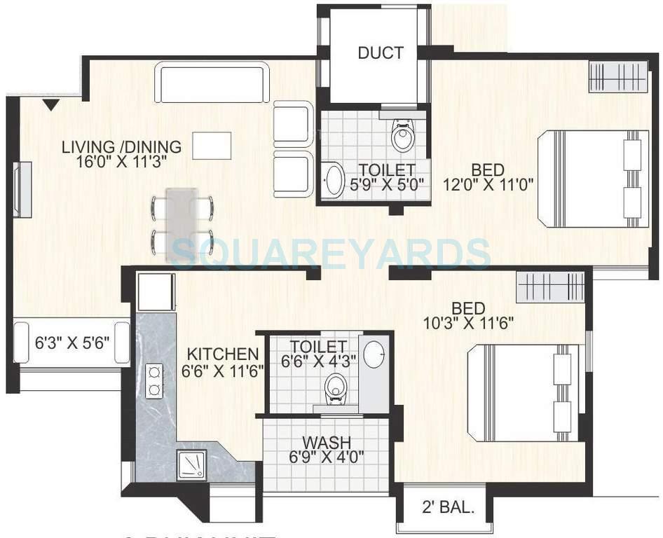 Floor plan of 2 BHK 1165 Sq. Ft. Apartment in Bakeri Smarana Apartments, Ahmedabad