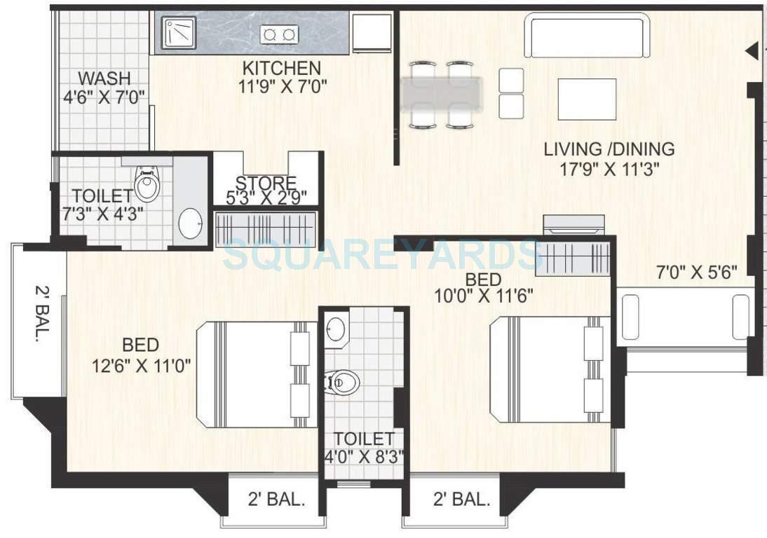 Floor plan of 2 BHK 1305 Sq. Ft. Apartment in Bakeri Smarana Apartments, Ahmedabad