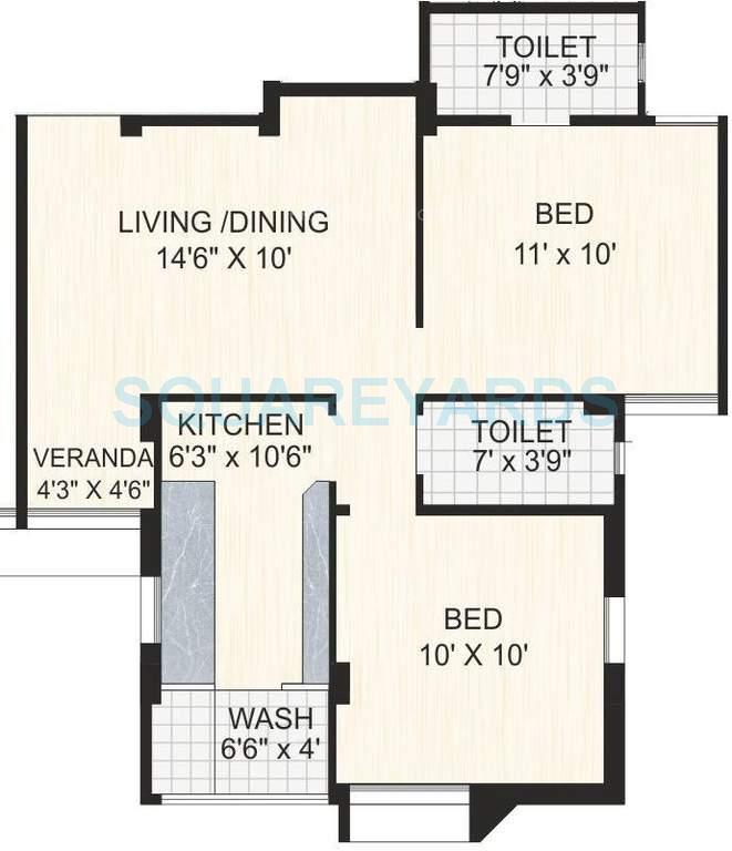 Floor plan of 2 BHK 945 Sq. Ft. Apartment in Bakeri Smarana Apartments, Ahmedabad
