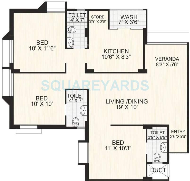 Floor plan of 3 BHK 1445 Sq. Ft. Apartment in Bakeri Smarana Apartments, Ahmedabad
