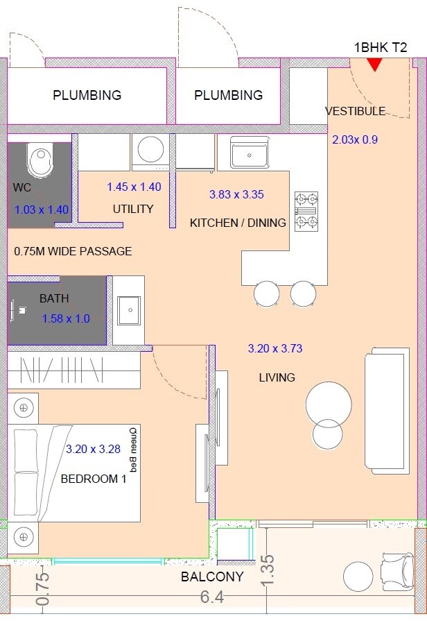 Floor plan of 1 BHK 474 Sq. Ft. Apartment in Bakeri Stella, Ahmedabad