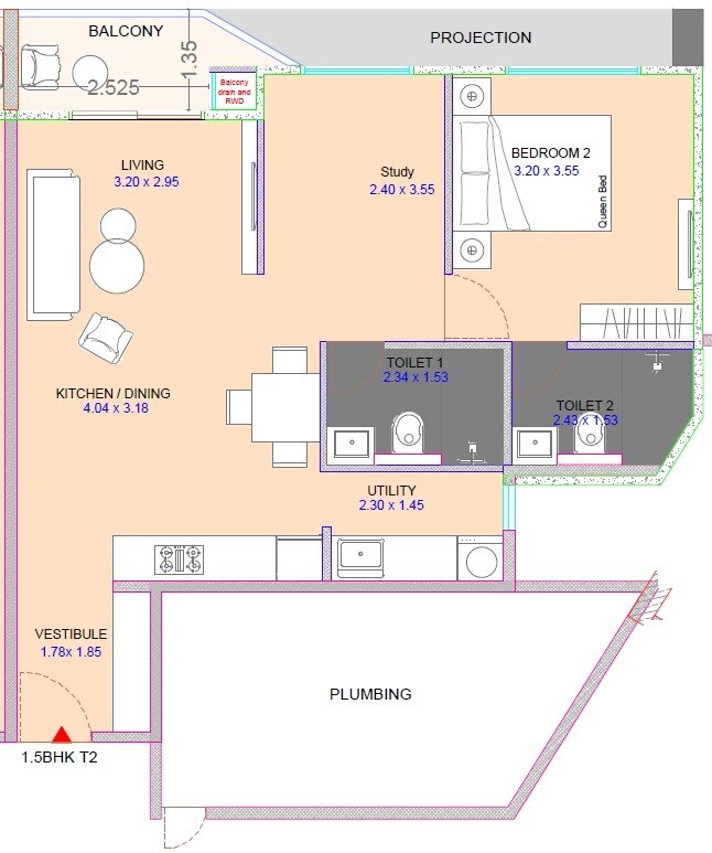 Floor plan of 1 BHK 626 Sq. Ft. Apartment in Bakeri Stella, Ahmedabad