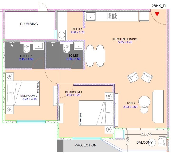 Floor plan of 2 BHK 715 Sq. Ft. Apartment in Bakeri Stella, Ahmedabad