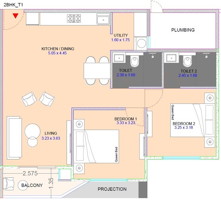 Floor plan of 2 BHK 769 Sq. Ft. Apartment in Bakeri Stella, Ahmedabad