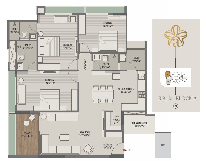 Floor plan of 3 BHK 2358 Sq. Ft. Apartment in Balaji Antara, Ahmedabad