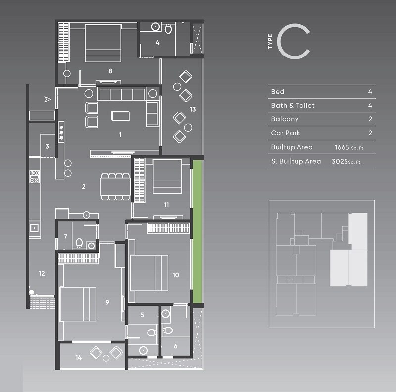 Floor plan of 4 BHK 3025 Sq. Ft. Apartment in Balaji Nityam Luxuria, Ahmedabad