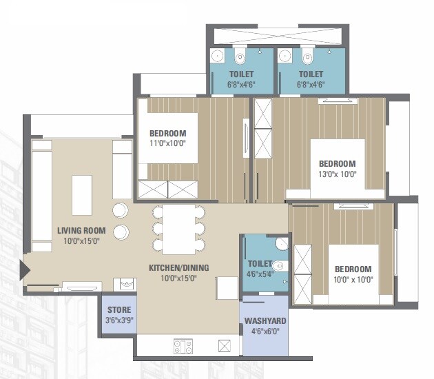 Floor plan of 3 BHK 1440 Sq. Ft. Apartment in Basil Skyline, Ahmedabad