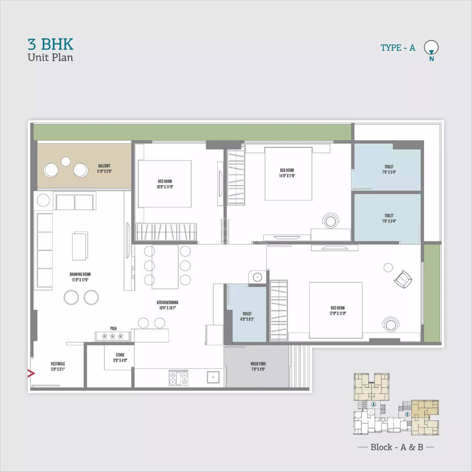 Floor plan of 3 BHK 2250 Sq. Ft. Apartment in Beryl Sky, Ahmedabad