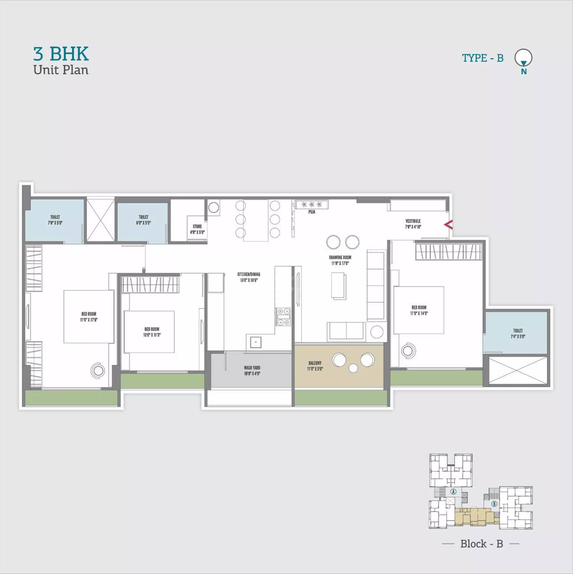 Floor plan of 3 BHK 2340 Sq. Ft. Apartment in Beryl Sky, Ahmedabad