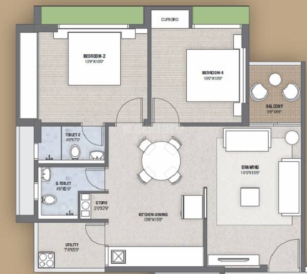 Floor plan of 2 BHK 592 Sq. Ft. Apartment in Bluvian Vraj Vatika, Ahmedabad
