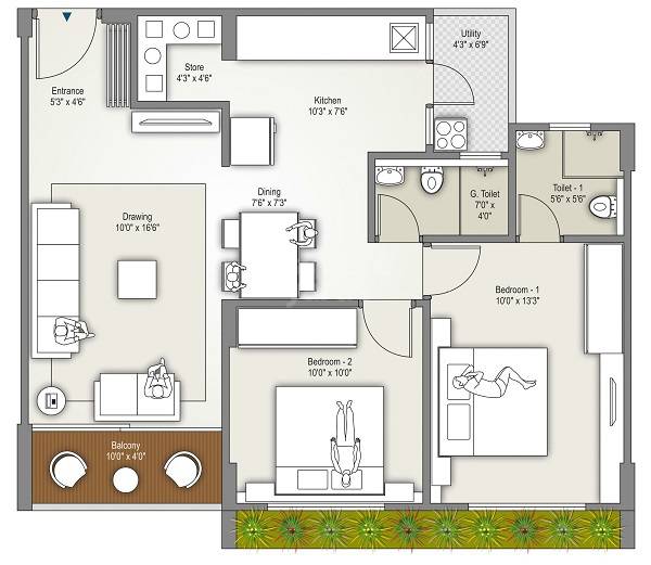 Floor plan of 2 BHK 617 Sq. Ft. Apartment in Bluvian Vraj Vatika, Ahmedabad