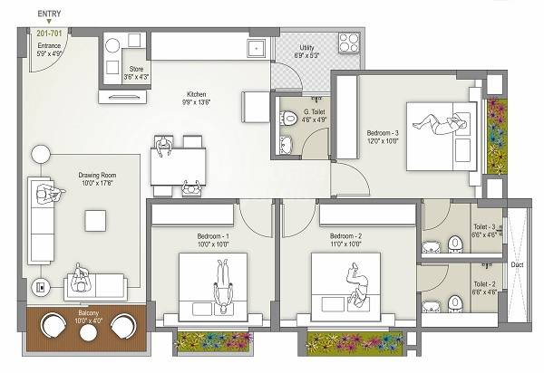 Floor plan of 3 BHK 1053 Sq. Ft. Apartment in Bluvian Vraj Vatika, Ahmedabad