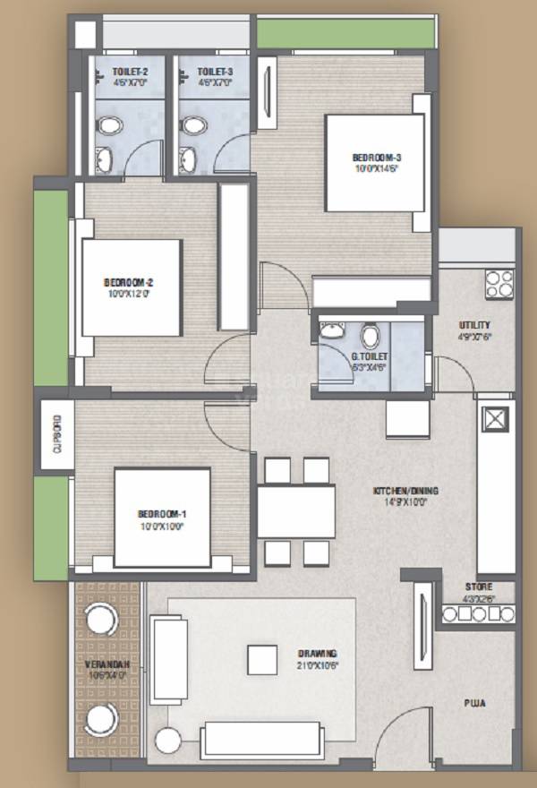 Floor plan of 3 BHK 846 Sq. Ft. Apartment in Bluvian Vraj Vatika, Ahmedabad