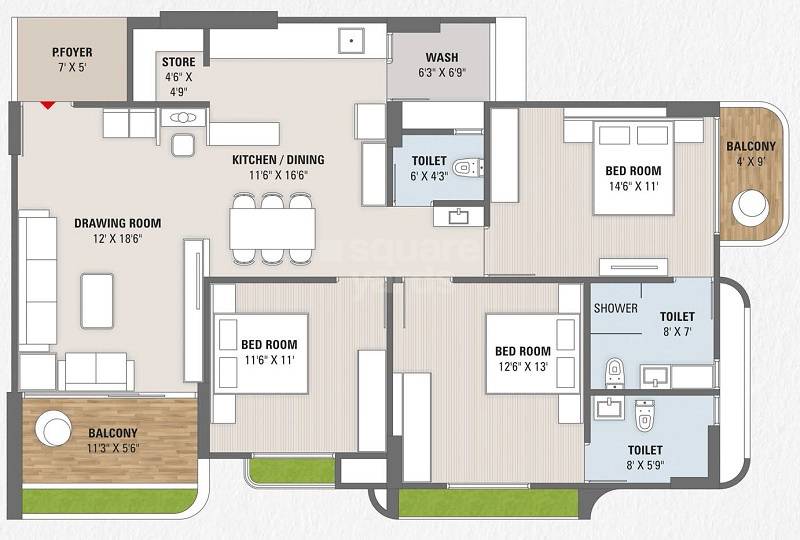 Floor plan of 3 BHK 2727 Sq. Ft. Apartment in Brij Azalea, Ahmedabad