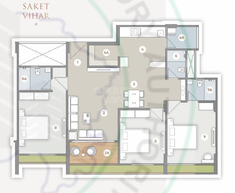 Floor plan of 3 BHK 984 Sq. Ft. Apartment in BT Saket Vihar, Ahmedabad