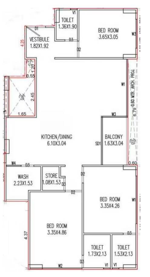 Floor plan of 3 BHK 1115 Sq. Ft. Apartment in Buildcon The One, Ahmedabad