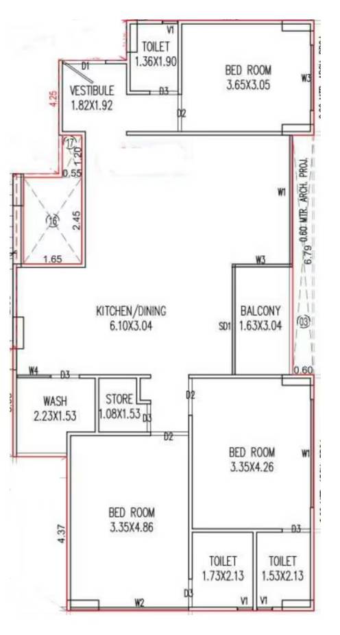 Floor plan of 3 BHK 1132 Sq. Ft. Apartment in Buildcon The One, Ahmedabad