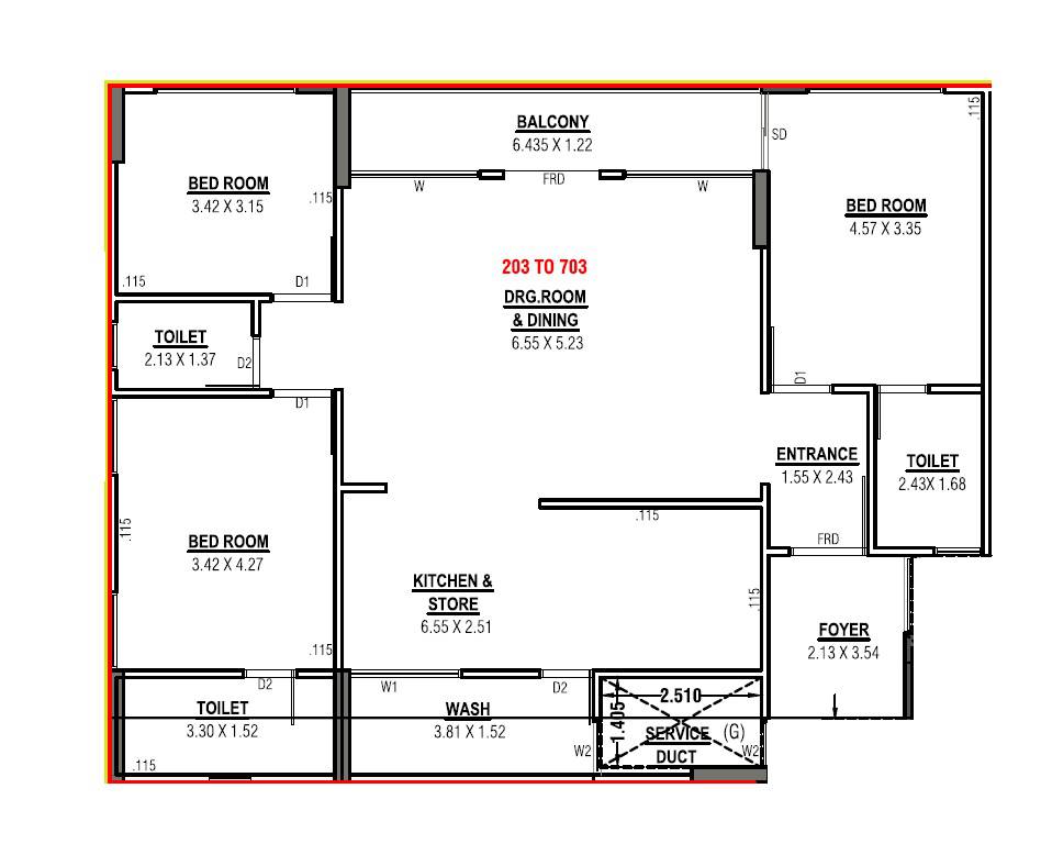 Floor plan of 3 BHK 1376 Sq. Ft. Apartment in Dayasagar Aura, Ahmedabad