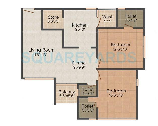 Floor plan of 2 BHK 1230 Sq. Ft. Apartment in Deep Al Burooj, Ahmedabad