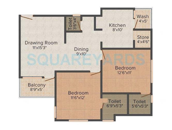 Floor plan of 2 BHK 1280 Sq. Ft. Apartment in Deep Al Burooj, Ahmedabad